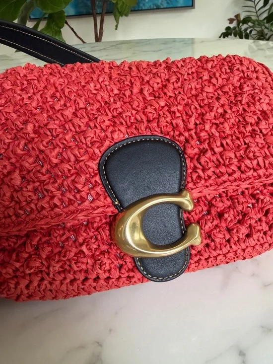 Coach Straw Soft Tabby Shoulder Crossbody Bag Red Orange Black Brass Woven CA032 - Picture 9 of 16